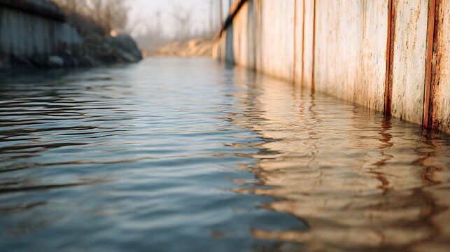 Close-up image of rippling water next to a rusty, weathered concrete wall in an outdoor setting during soft daylight.