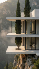 Fototapeta premium Spectacular vertical modern house exterior clinging to a massive rocky cliff face, showcasing innovative extreme architectural design and high-end luxury living.