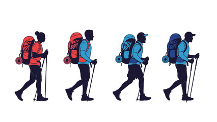 Obraz premium Motion sequence of silhouettes showing hikers with large backpacks and trekking poles walking steadily during an expedition.