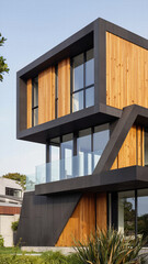 Fototapeta premium Futuristic and abstract contemporary architectural house exterior featuring striking angular geometric forms glowing warmly against a beautiful twilight night sky.