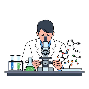 Illustration of a scientist in a lab coat using a microscope with test tubes and molecular structures nearby on a clean white background.