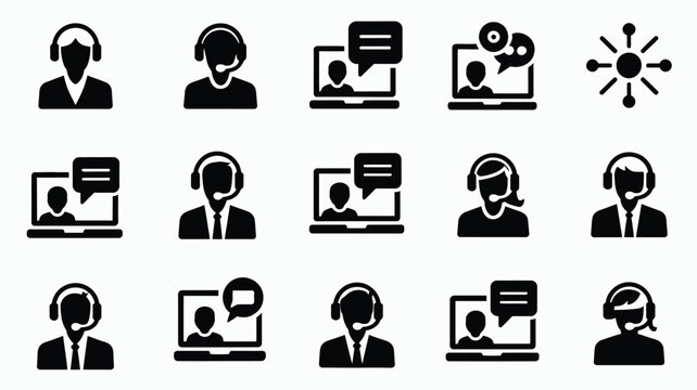 Vector illustration of customer service icons with people wearing headsets and chatting on computers for business communication