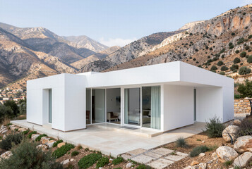 Fototapeta premium Minimalist white contemporary architectural house exterior standing as a striking oasis within a vast rugged mountain desert landscape under a clear sunny sky.