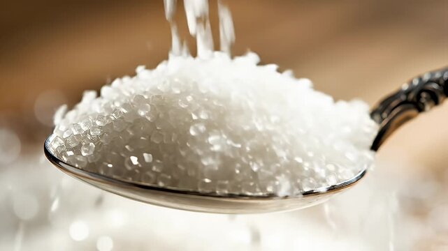 Spoonful of Sugar - A close-up shot of a vintage silver spoon overflowing with refined white sugar crystals. More sugar is being poured onto the pile, creating a small sugar cascade.