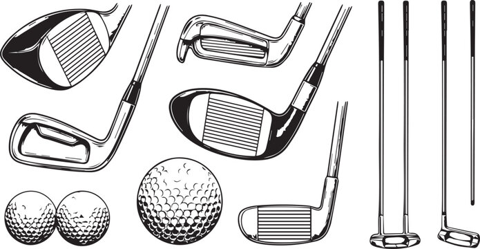 Golf Clubs and Balls Set Engraving Style Illustration for Sport Equipment Design Vector Illustration