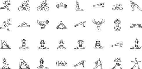 Fototapeta premium Minimalist line art vector illustration set of fitness, sports, and yoga exercise icons for health and wellness.