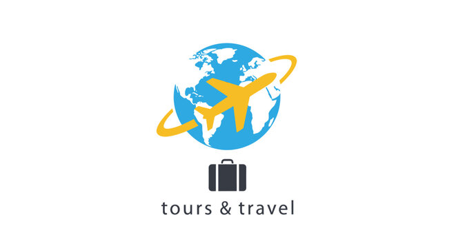 Global travel and tourism concept with airplane and luggage.
