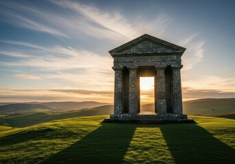 Fototapeta premium Ancient stone temple with columns on a green hill at sunset with a cloudy sky