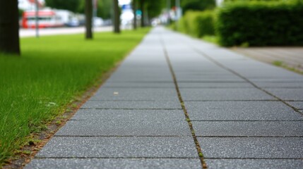 Obraz premium Serene Urban Sidewalk with Neatly Laid Gray Tiles and Lush Green Grass Alongside, Capturing a Peaceful Outdoor Scene