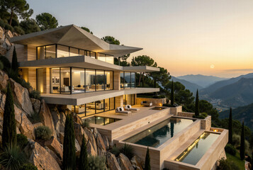 Fototapeta premium Expansive luxury architectural estate compound built across a rugged mountain hillside, glowing beautifully under a dramatic sunset sky for premium real estate.