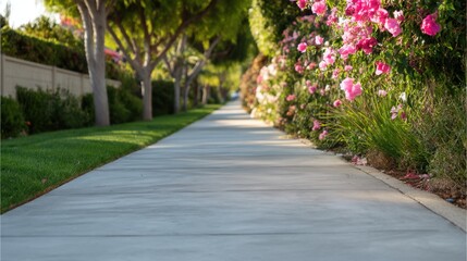 Fototapeta premium Serene Pathway Surrounded by Lush Greenery and Vibrant Flowers on a Sunny Day in a Quiet Suburban Neighborhood