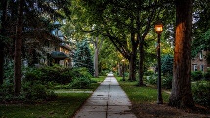 Obraz premium Tranquil Tree-Lined Pathway with Streetlights in a Neighborhood Surrounded by Lush Greenery and Welcoming Homes
