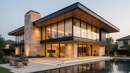 Fototapeta premium Stunning modern luxury house exterior design featuring a large swimming pool and expansive glass windows glowing warmly at twilight for real estate concepts.