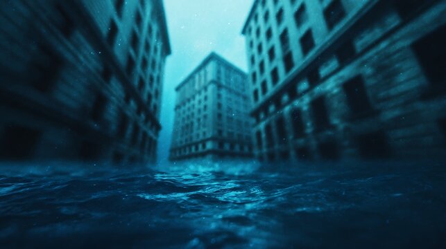 A flooded urban street between tall buildings, with water rising high and creating a surreal, almost apocalyptic cityscape under a gloomy sky.