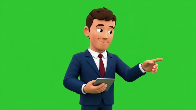 3D cartoon business man in suit giving presentation holding tablet pointing with green screen background