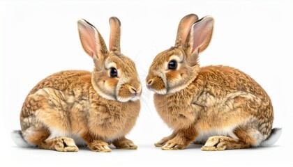 Obraz premium Two adorable young rabbits with fluffy fur and long ears sitting close together on a clean white background