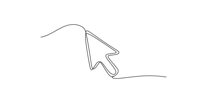Black line art computer mouse cursor on white background with flowing line