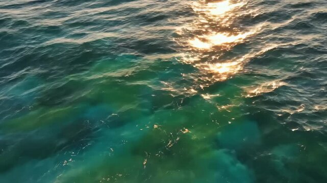 Sunlight Reflecting on the Surface of Turquoise Ocean Waves, Aerial View