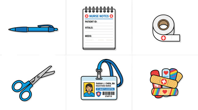 A grid of six colorful icons depicting essential nursing and medical supplies, including a pen, notepad, tape, scissors, ID badge, and band-aids.