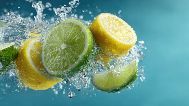 Fresh Citrus Fruits Splashing in Clear Water Against Blue Background