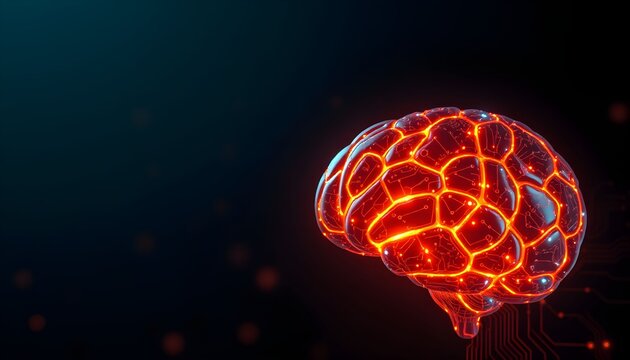 Glowing red brain with neural connections lit up on a dark background