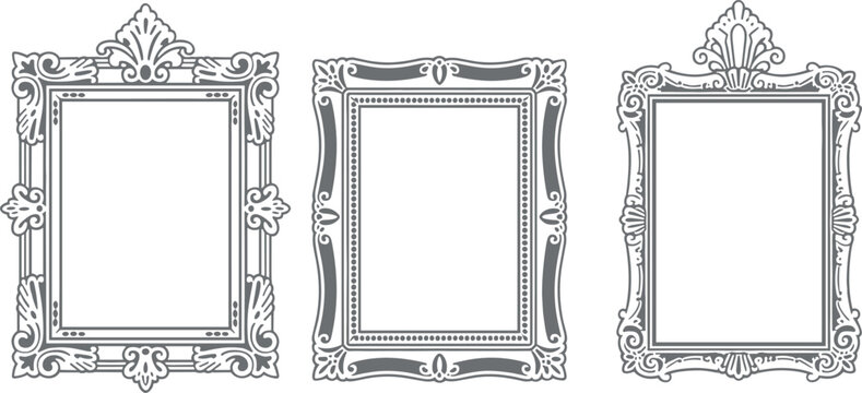 Vintage ornate picture frame vector set, grey baroque border outlines for elegant mirror or antique portrait photography
