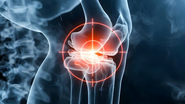 Knee ligament tear and structural bone damage analysis. Surgical planning and musculoskeletal health. Detailed skeletal knee anatomy with circular target highlighting pain