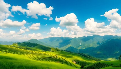 Obraz premium Green terraced fields stretch towards majestic mountains under a bright blue sky with fluffy white clouds.