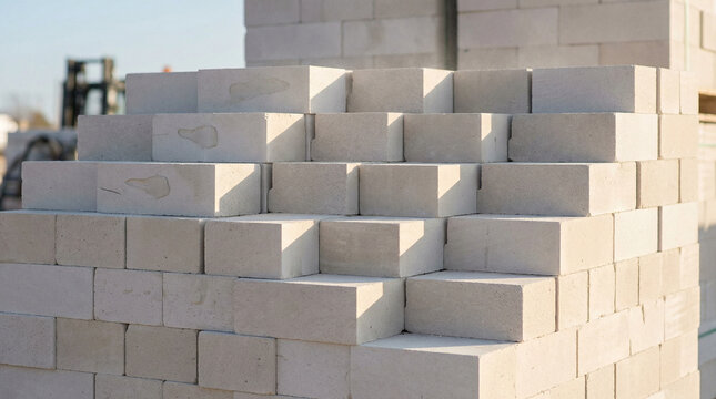 Stack of aerated concrete blocks awaiting use on a sunny construction site, ideal for building projects