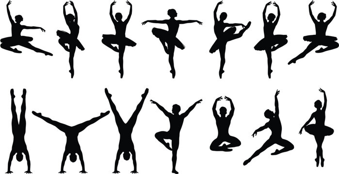 Silhouettes of fifteen ballet dancers in elegant poses including pirouettes, arabesques, and jumps, symbolizing grace, strength, flexibility, classical dance art, and performance