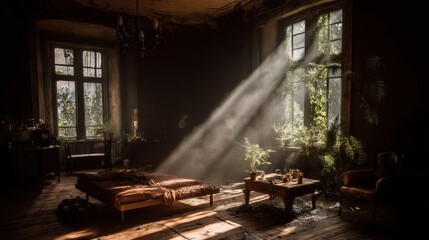 Fototapeta premium Sunlight Streaming Through Windows in an Abandoned Room Surrounded by Greenery and Dusty Furniture