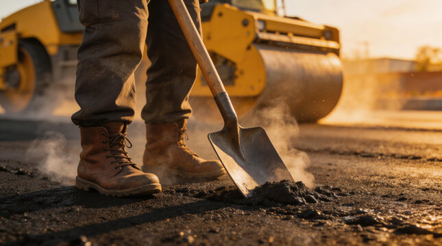 A construction worker shovels hot asphalt on a road project at sunset with a roller in background