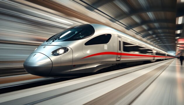 A sleek silver bullet train speeds through a modern station platform.