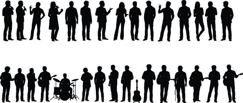 Silhouettes of performers and musicians with microphones and instruments including drums, guitar, and bass, symbolizing entertainment, music, performance, and artistic expression illustration design