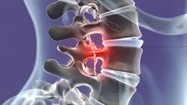 Spinal disc herniation and nerve compression anatomy. Vertebral column injury and back pain relief. Medical illustration of damaged spine with neural inflammation