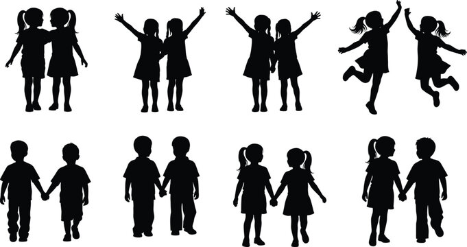 Silhouettes of ten pairs of children holding hands, jumping, and playing together, symbolizing friendship, joy, innocence, camaraderie, and childhood fun in expressive poses