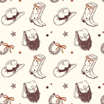 Hand drawn vector seamless wild west pattern featuring cowboy hat, boots, bag, horseshoe, bows and stars. Fun western design, perfect for fabric, apparel, textile prints and backgrounds