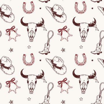 Hand drawn vector seamless wild west pattern with sheriff star, bull skull, cowboy hat, horseshoe, boot charm, bows and stars. Whimsical wild west design for textiles, apparel and fabric prints