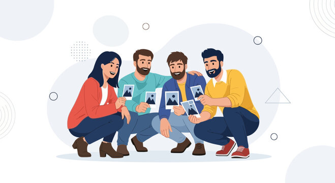 Friends sharing photos, happy people squatting together, looking at pictures, friendship, togetherness