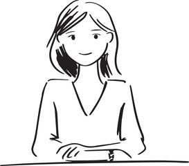 Hand Drawn Woman Sitting at Desk Black and White Avatar Illustration in Minimal Line Art Style Design
