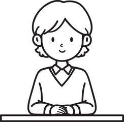 Obraz premium Hand Drawn Woman Sitting at Desk Black and White Avatar Illustration in Minimal Line Art Style Design