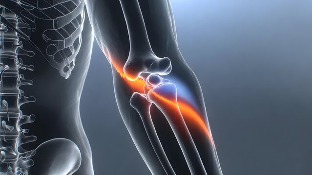 Anatomical illustration of human elbow joint with inflammation. Orthopedic injury and chronic pain management. Glowing 3D render of arm bones showing bone friction and arthritis