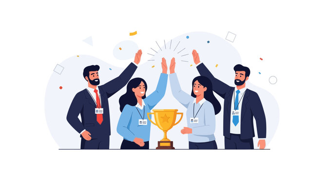 Team celebrating success with a trophy and confetti, high five, business achievement