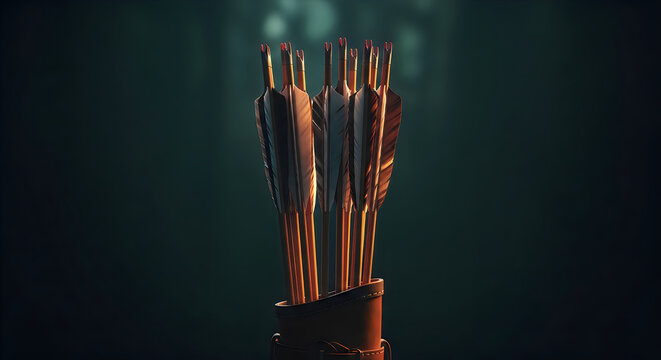 A quiver full of arrows on a dark background with warm lighting