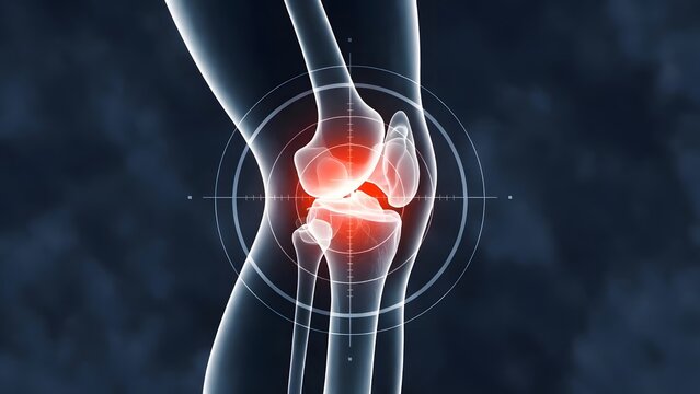 Human knee joint anatomy with red inflammation and targeted pain signal. Orthopedic surgery and joint health concepts. Digital X-ray illustration of leg bones and patella