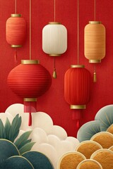 Obraz premium Chinese lanterns and festive red gold decorations for Chinese New Year celebration and spring festival