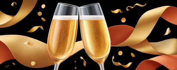 Obraz premium Two champagne flutes clinking in celebration with gold ribbons and confetti backdrop