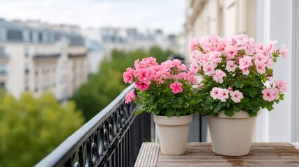 Obraz premium Pink geraniums blooming on Paris balcony overlooking city