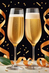 Obraz premium Champagne toast with two flutes, gold ribbons, and confetti for a glamorous New Year celebration
