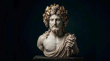 Seated Marble Dionysus God with Grapes on Dark Backdrop